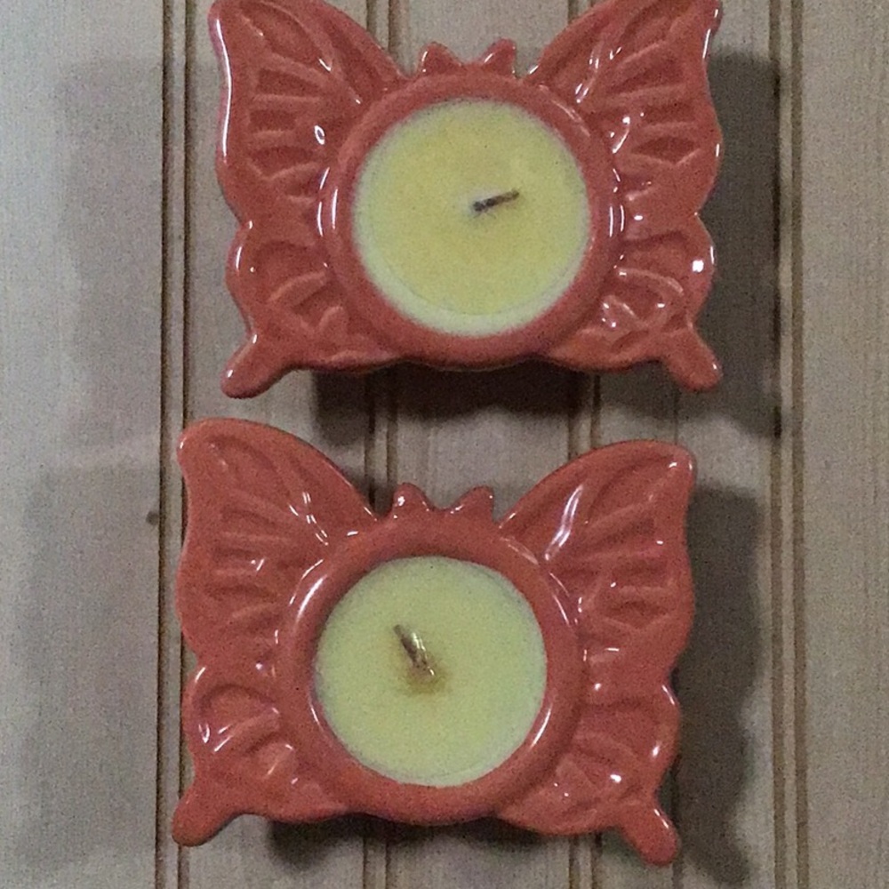 Set of 2 Pier 1 Orange Ceramic Butterfly‎ Candles NWT